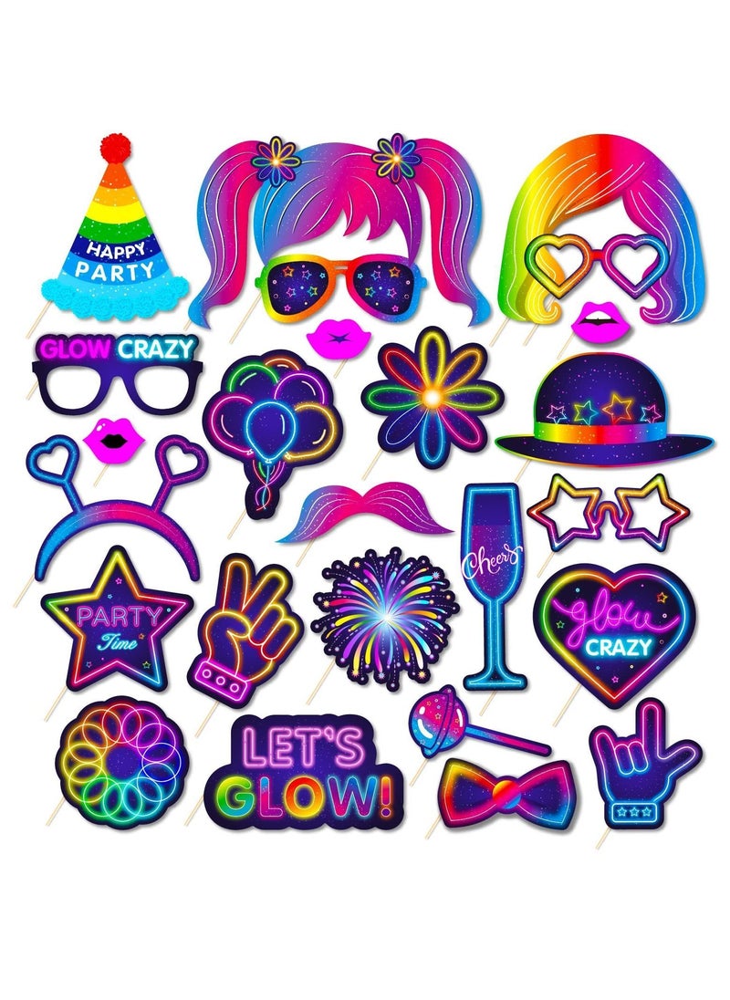 Y&D 25 Pieces Glow in the Dark Neon Themed Photo Booth Props with Sticks Party Supplies Like Decorations Disco Black Light Birthday  - Image 1