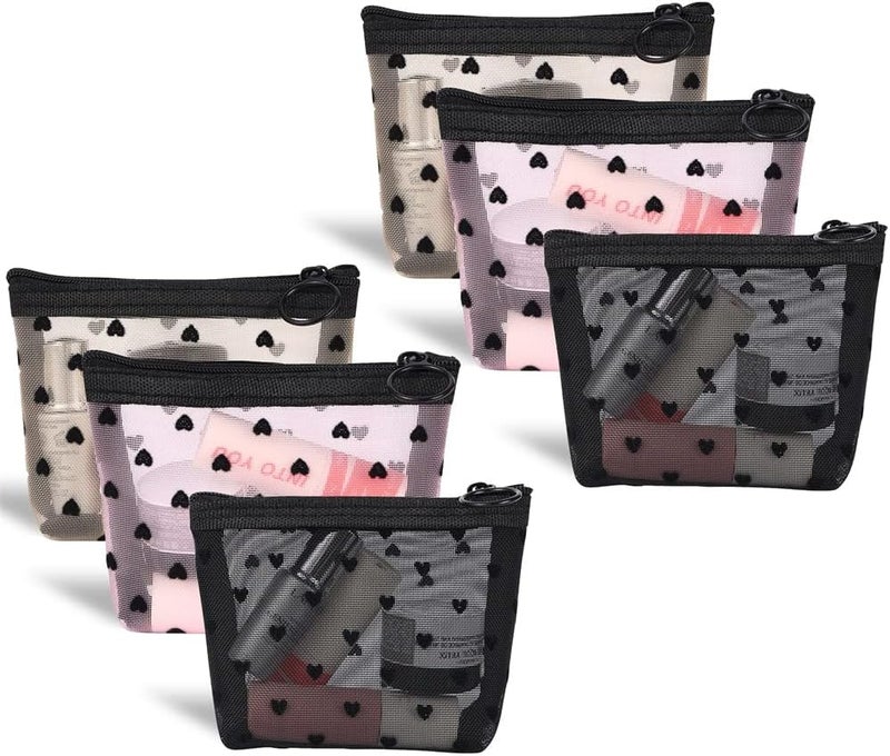 Mini Mesh Makeup Bags - 6 Pieces Heart Print Cosmetic Bags for Travel - Image 1