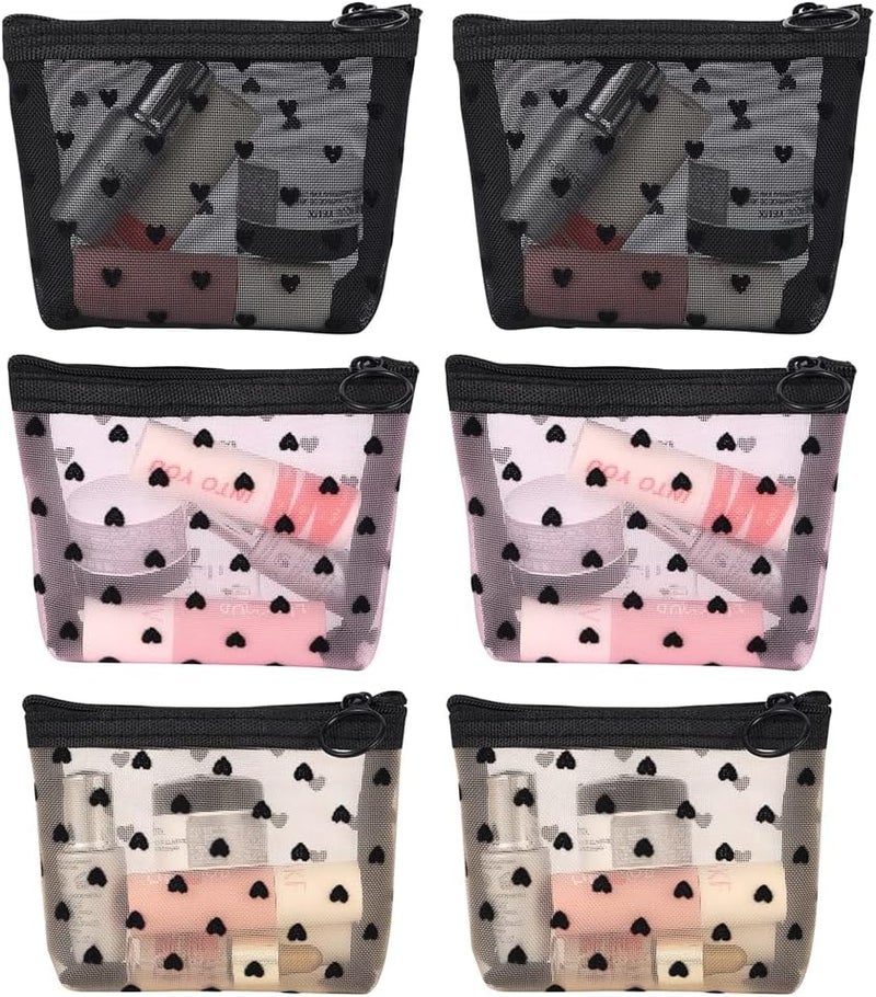 Mini Mesh Makeup Bags - 6 Pieces Heart Print Cosmetic Bags for Travel - Image 2