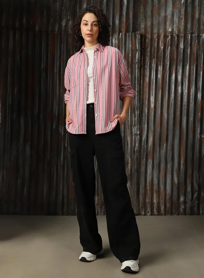 HIGH STAR Women's Pink Cotton Blend Striped Button Down Oversized Shirt
