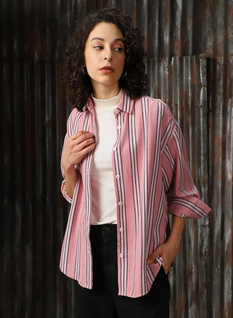HIGH STAR Women's Pink Cotton Blend Striped Button Down Oversized Shirt
