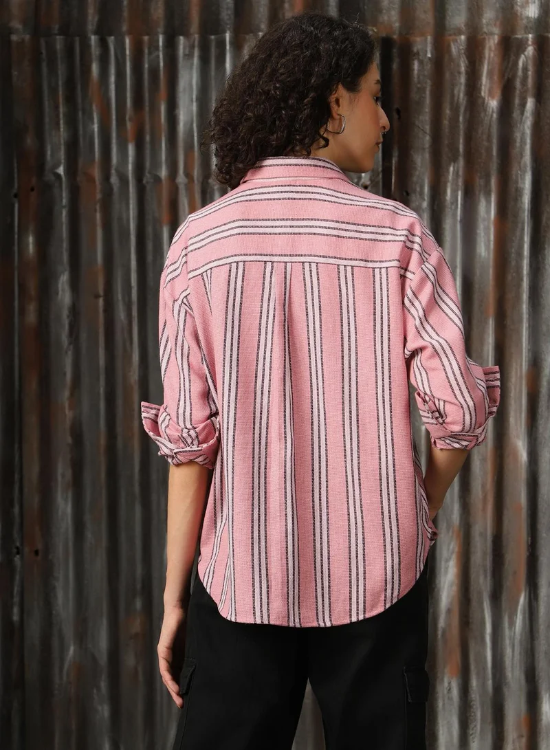 HIGH STAR Women's Pink Cotton Blend Striped Button Down Oversized Shirt