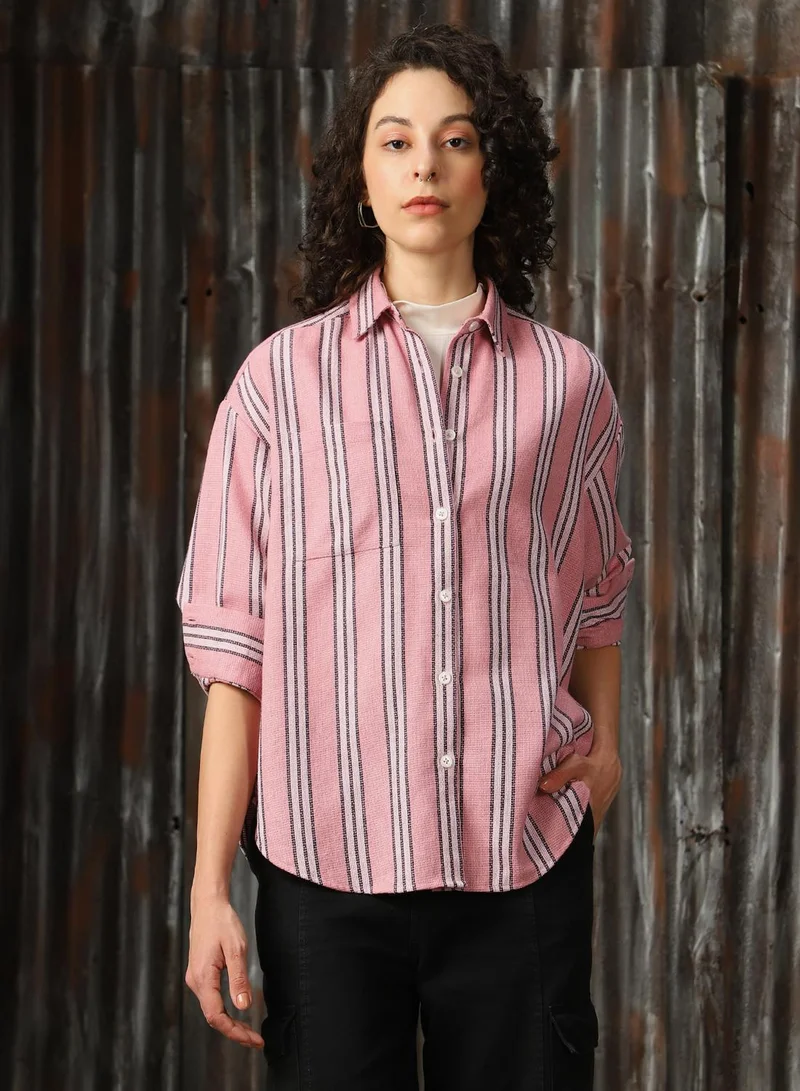 HIGH STAR Women's Pink Cotton Blend Striped Button Down Oversized Shirt