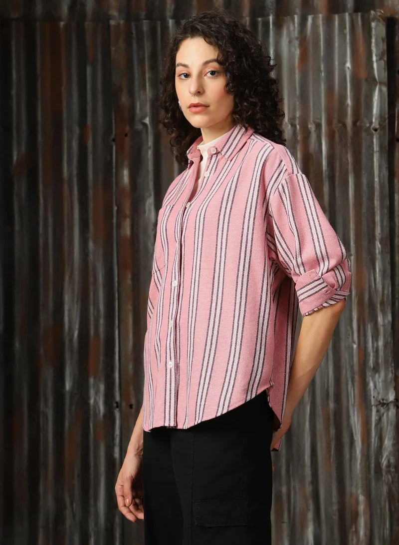 HIGH STAR Women's Pink Cotton Blend Striped Button Down Oversized Shirt