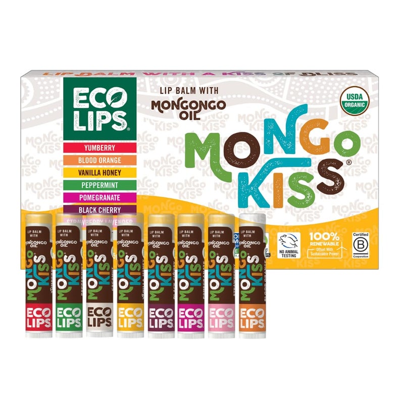 Eco Lips Mongo Kiss USDA Organic Lip Balm Set 8-pack (0.15 oz. each) with Mongongo Oil & Cocoa Butter to Moisturize Chapped Lips | Made in USA by Eco Lips (Variety)