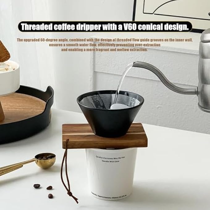 كاست ويف جهاز تحضير القهوة V60 مع تصميم ضلع حلزوني، فلتر سيراميك يدوي مقاوم للحرارة، قاعدة من خشب الجوز، فوهة بعرض 25 مم، ماكينة صنع قهوة محمولة للقهوة المخمرة يدويًا للمنزل والمكتب والتخييم - Image 4