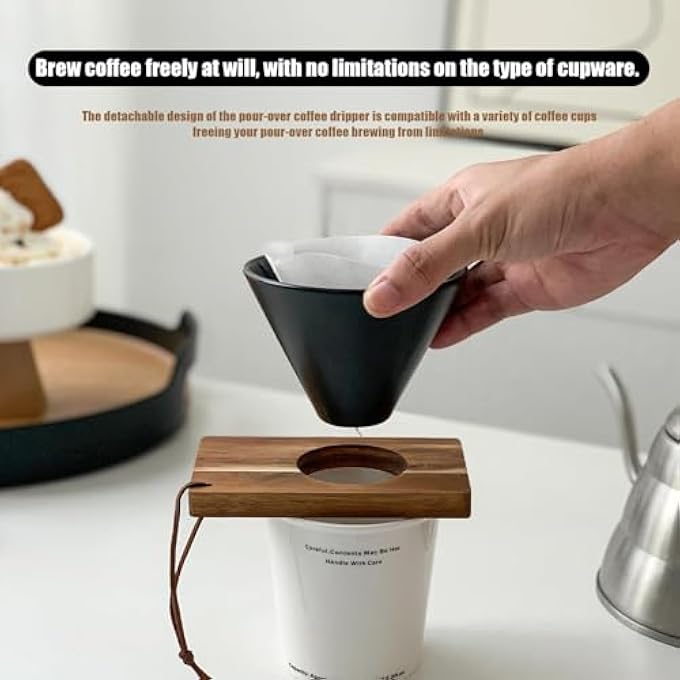 كاست ويف جهاز تحضير القهوة V60 مع تصميم ضلع حلزوني، فلتر سيراميك يدوي مقاوم للحرارة، قاعدة من خشب الجوز، فوهة بعرض 25 مم، ماكينة صنع قهوة محمولة للقهوة المخمرة يدويًا للمنزل والمكتب والتخييم - Image 3
