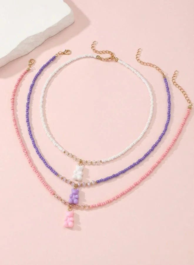 Take Two Pack of 3 - Girls Multi-Color Gummy Bear Charm Beaded Necklaces