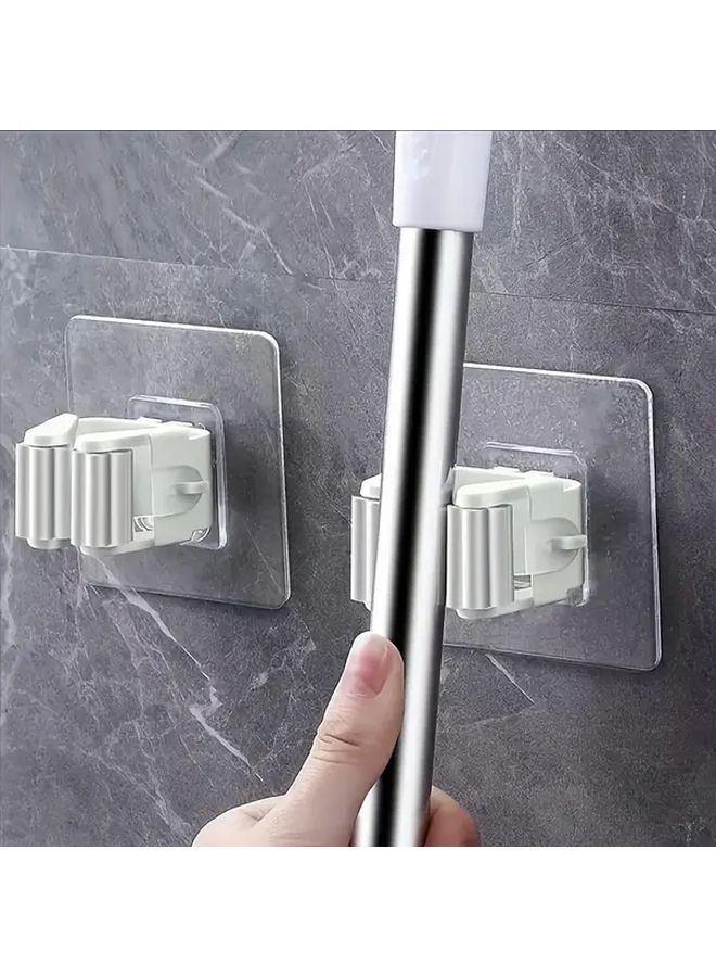 White 5pcs Self Adhesive Wall Mounted Mop Broom Holder No Drill Waterproof Hooks - Image 1