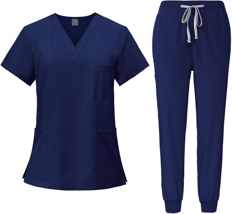 Nursing Scrubs Set Built with V Neckline Pocket Uniform Pants Machine Washable Daily Workwear Lightweight Flexible Material Suitable for, Navy Blue, XXL - Image 1