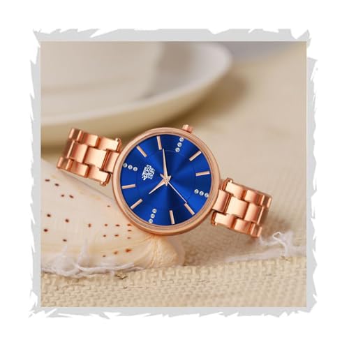SWADESI STUFF Rose Gold Metallic Strap Analog Wristwatch for Women, Diamond Studded Round dial (Blue) - Image 1