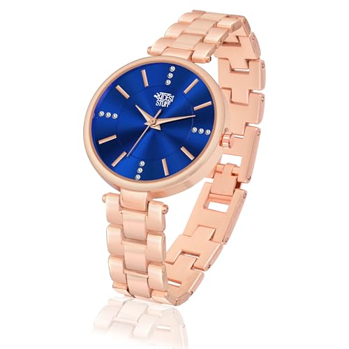 SWADESI STUFF Rose Gold Metallic Strap Analog Wristwatch for Women, Diamond Studded Round dial (Blue) - Image 3