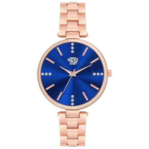 SWADESI STUFF Rose Gold Metallic Strap Analog Wristwatch for Women, Diamond Studded Round dial (Blue) - Image 2