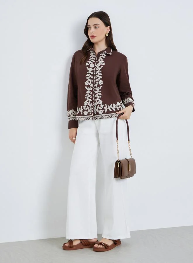 Styli Women Brown Embroidered Long Sleeve Shirt