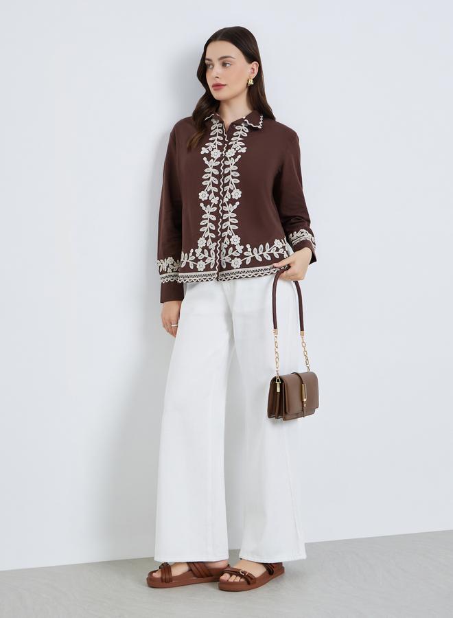 Styli Women Brown Embroidered Long Sleeve Shirt - Image 2