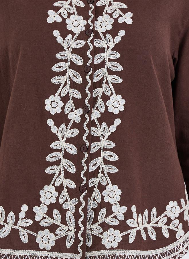 Styli Women Brown Embroidered Long Sleeve Shirt - Image 3