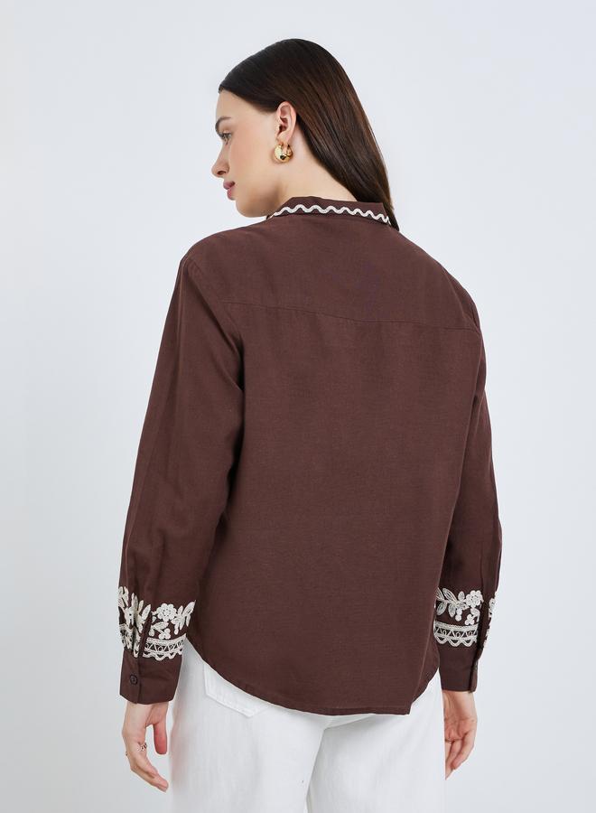 Styli Women Brown Embroidered Long Sleeve Shirt - Image 4