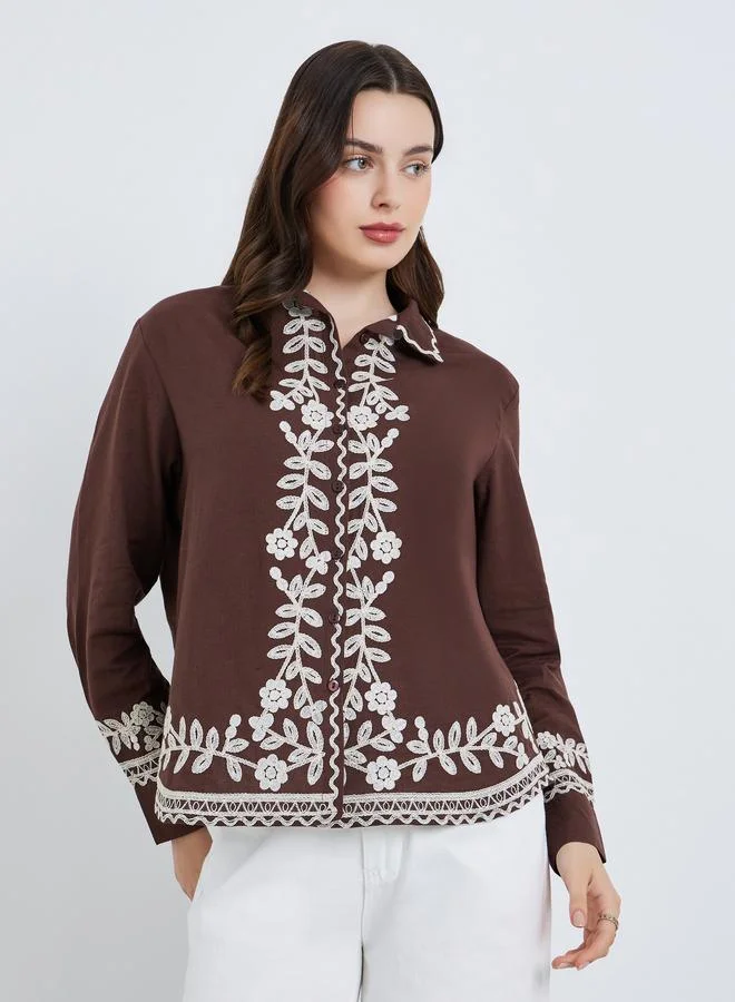 Styli Women Brown Embroidered Long Sleeve Shirt