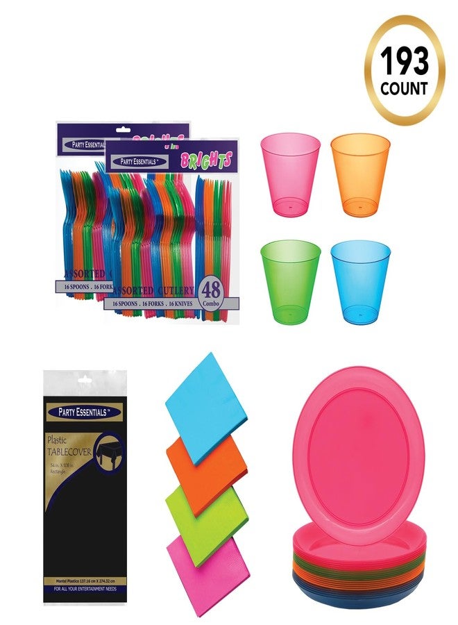 Party Essentials Disposable Plastic Glow-in-the-Dark Party Supplies Dinnerware Decorations, Plate/Cup/Cutlery/Tablecover, 193 Pcs, Assorted Neon - Image 2