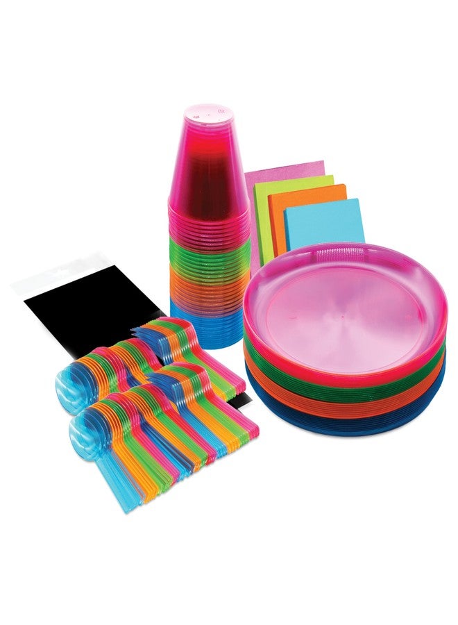 Party Essentials Disposable Plastic Glow-in-the-Dark Party Supplies Dinnerware Decorations, Plate/Cup/Cutlery/Tablecover, 193 Pcs, Assorted Neon - Image 1