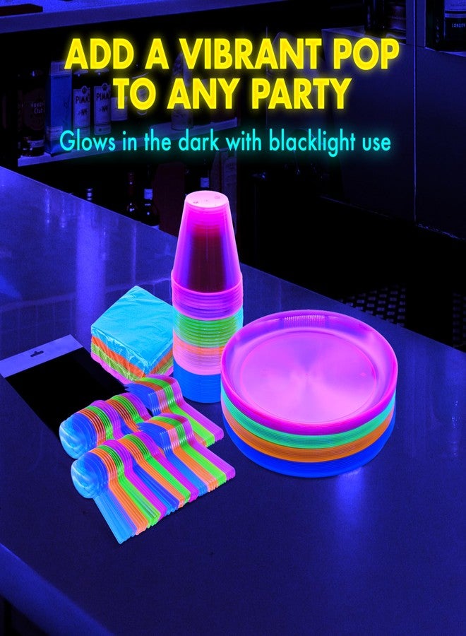 Party Essentials Disposable Plastic Glow-in-the-Dark Party Supplies Dinnerware Decorations, Plate/Cup/Cutlery/Tablecover, 193 Pcs, Assorted Neon - Image 4