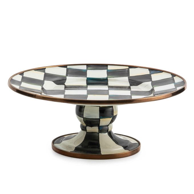mackenzie childs Mackenzie-Childs Enamel Pedestal Platter, Round Cake Stand, Mini, Black-And-White Courtly Check - Image 1