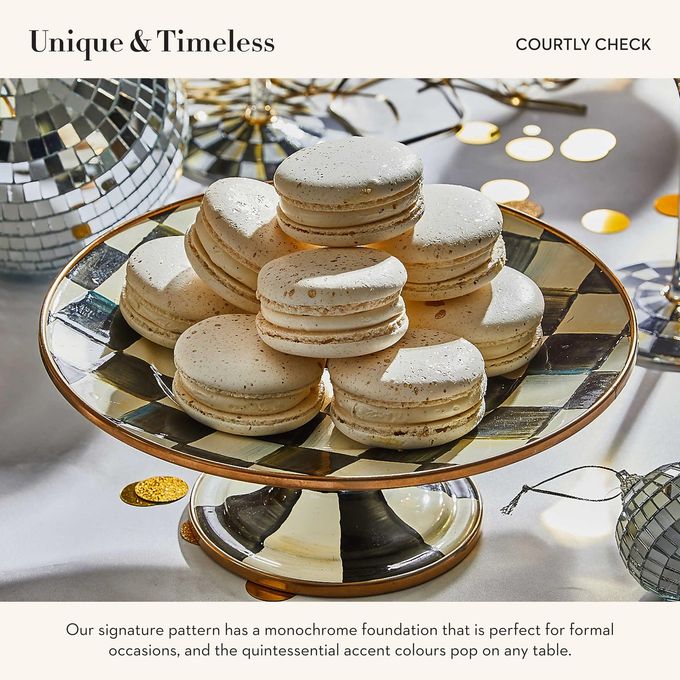mackenzie childs Mackenzie-Childs Enamel Pedestal Platter, Round Cake Stand, Mini, Black-And-White Courtly Check - Image 3