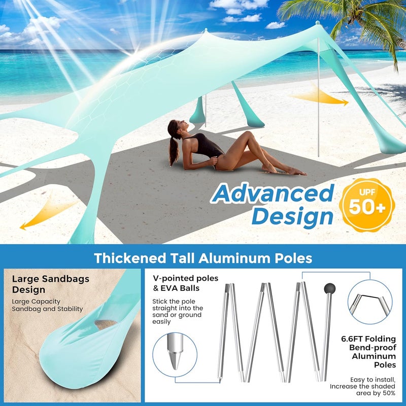 73Hours Beach Canopy Beach Tent Pop Up Shade 10x10ft Sun Shelter UPF50+ with 8 Sandbags-2 Sand Shovel-4 Aluminum Poles-Ground Pegs-Portable Carrying Bag for Outdoor Family Camping Fishing Yard Picnic - Image 4