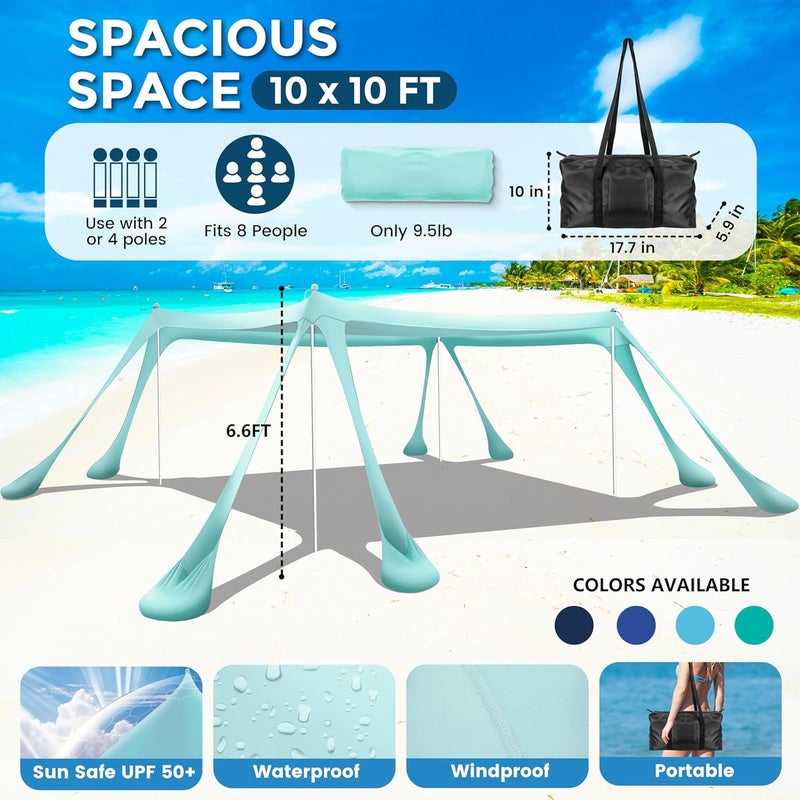 73Hours Beach Canopy Beach Tent Pop Up Shade 10x10ft Sun Shelter UPF50+ with 8 Sandbags-2 Sand Shovel-4 Aluminum Poles-Ground Pegs-Portable Carrying Bag for Outdoor Family Camping Fishing Yard Picnic - Image 2