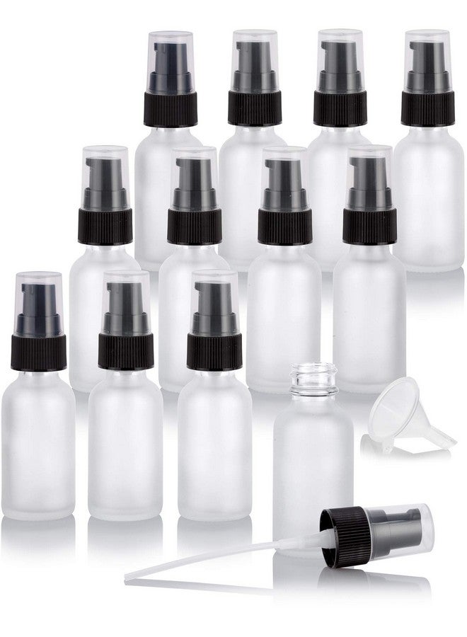JUVITUS 2 Oz Frosted Clear Glass Boston Round Bottle With Black Treatment Pump (12 Pack) + Funnel Bpa Free Refillable Empty Storage Containers - Image 1