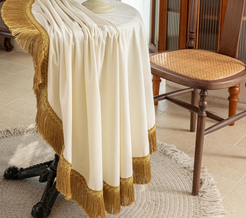 F-CHU White 60 Inch Round Tablecloth Thickset Velvet Tablecloth with Beautiful Gold Tassels Vintage Table Cloth for Home Decor Wedding, Party, Banquet and Events 60" Round - Image 5