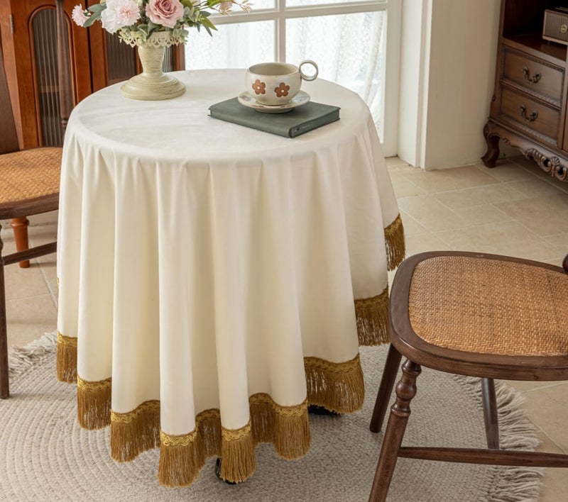 F-CHU White 60 Inch Round Tablecloth Thickset Velvet Tablecloth with Beautiful Gold Tassels Vintage Table Cloth for Home Decor Wedding, Party, Banquet and Events 60" Round - Image 3