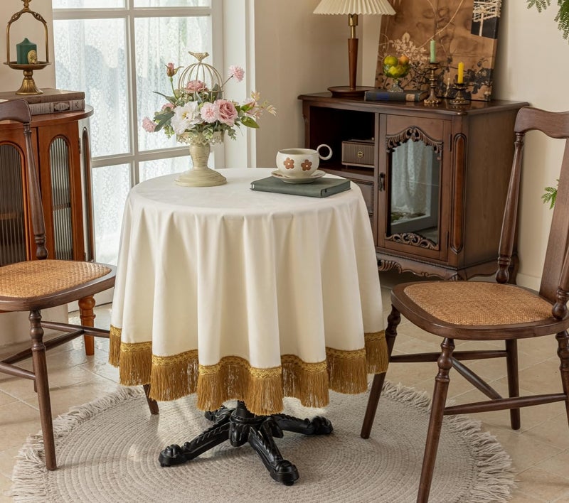 F-CHU White 60 Inch Round Tablecloth Thickset Velvet Tablecloth with Beautiful Gold Tassels Vintage Table Cloth for Home Decor Wedding, Party, Banquet and Events 60" Round - Image 2