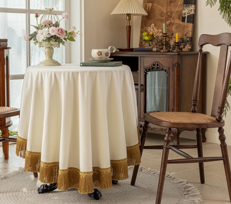 F-CHU White 60 Inch Round Tablecloth Thickset Velvet Tablecloth with Beautiful Gold Tassels Vintage Table Cloth for Home Decor Wedding, Party, Banquet and Events 60" Round - Image 1