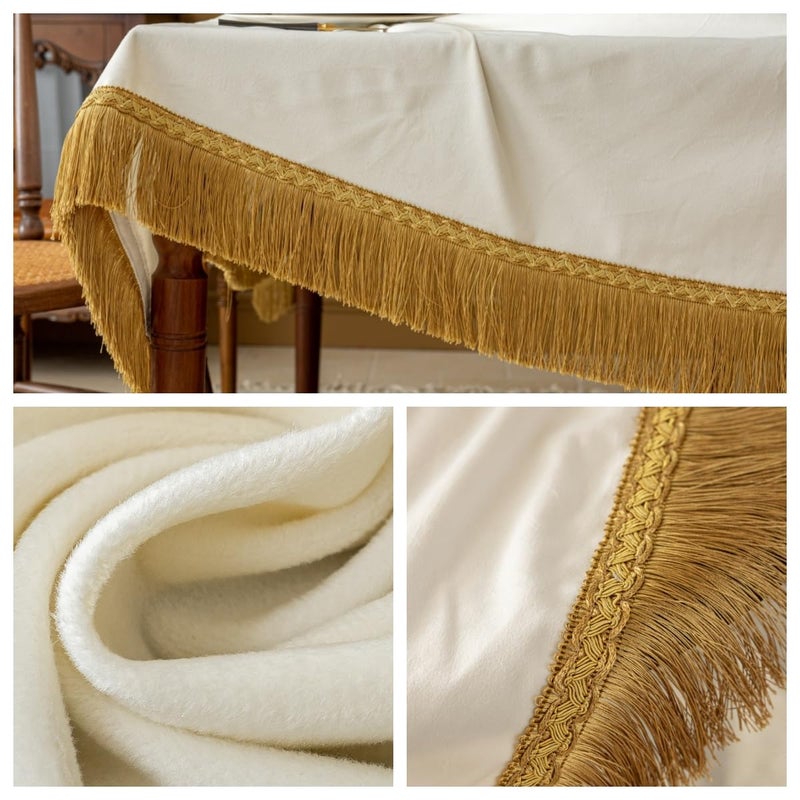 F-CHU White 60 Inch Round Tablecloth Thickset Velvet Tablecloth with Beautiful Gold Tassels Vintage Table Cloth for Home Decor Wedding, Party, Banquet and Events 60" Round - Image 4