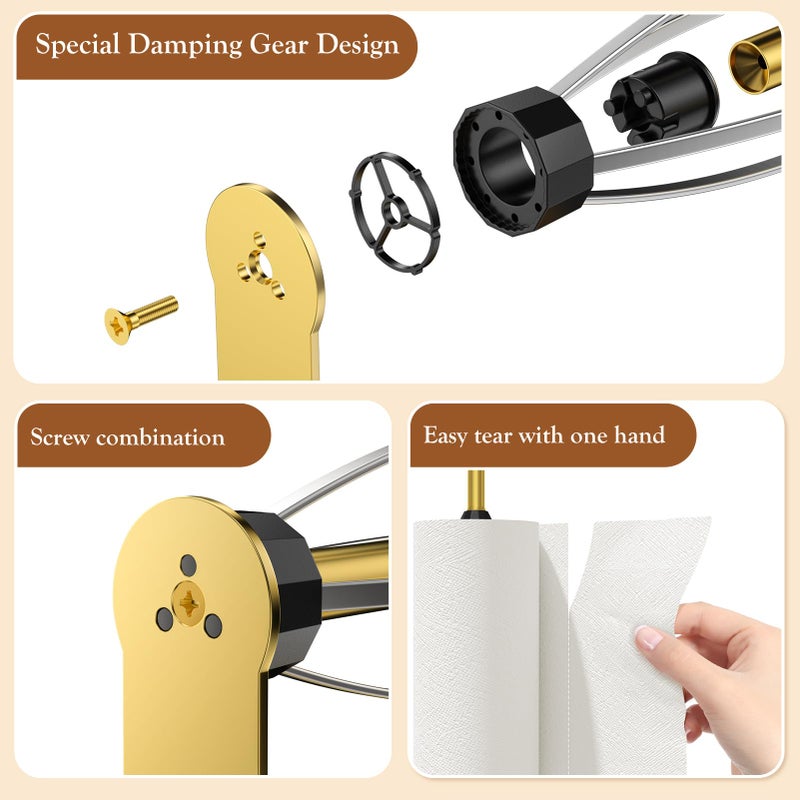 Winproper Paper Towel Holder Under Cabinet with 2 Hooks, Paper Towel Holder Wall Mount with Damping Effect, Self-Adhesive or Drilled Paper Roll Holders for Kitchen, Bathroom, RV(Gold) - Image 4