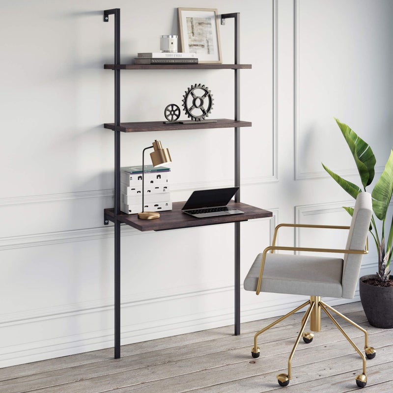 Nathan James Theo 2Shelf Industrial Wall Mount Ladder Table Small Computer or Writing Desk NutmegMatte Black