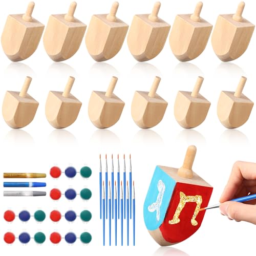 Realspring 24 Sets Hanukkah Wooden Dreidel Craft Kit Craft and Art Painting Kit Design Your Own Wooden Dreidels with Paint and Brush DIY Natural Wood Dreidels for Hanukkah Family Decor Party Gift - Image 1