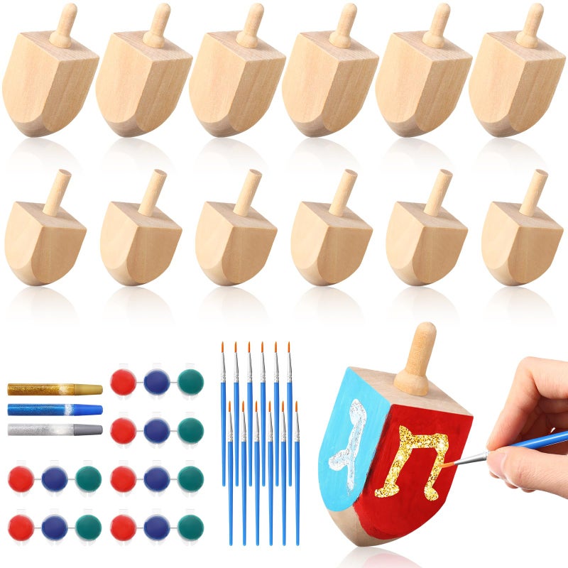 Realspring 24 Sets Hanukkah Wooden Dreidel Craft Kit Craft and Art Painting Kit Design Your Own Wooden Dreidels with Paint and Brush DIY Natural Wood Dreidels for Hanukkah Family Decor Party Gift - Image 3