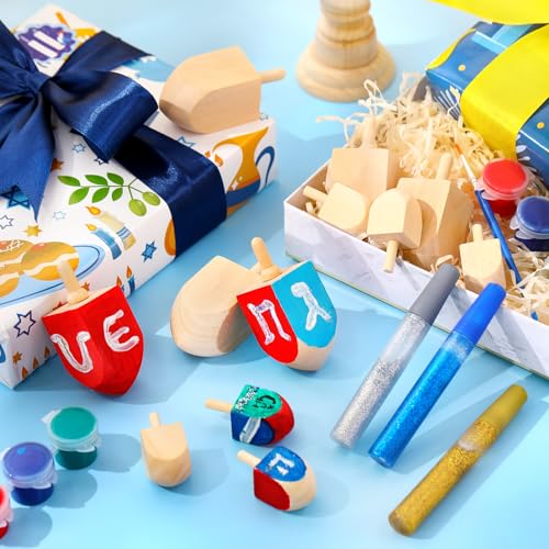 Realspring 24 Sets Hanukkah Wooden Dreidel Craft Kit Craft and Art Painting Kit Design Your Own Wooden Dreidels with Paint and Brush DIY Natural Wood Dreidels for Hanukkah Family Decor Party Gift - Image 5