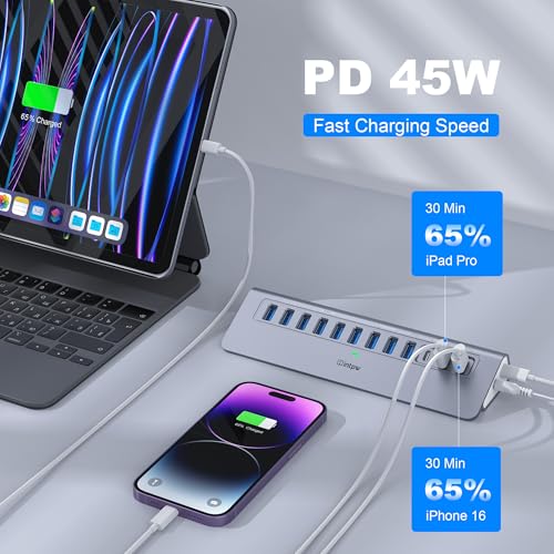 intpw Powered USB Hub 10Gbps, intpw YH9AC 12-Port USB Splitter with USB A/USB C 3.2, 7 USB 3.0, 2 PD 45W Charging Ports, 65W Power Adapter + 3.3FT Cable, Aluminum USB Extender Hub for Laptop/PC/iPhone 16/15 - Image 4