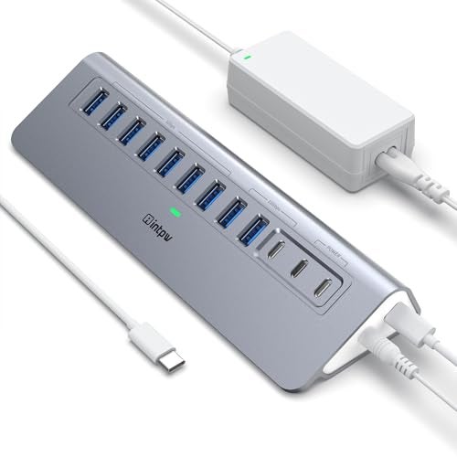 intpw Powered USB Hub 10Gbps, intpw YH9AC 12-Port USB Splitter with USB A/USB C 3.2, 7 USB 3.0, 2 PD 45W Charging Ports, 65W Power Adapter + 3.3FT Cable, Aluminum USB Extender Hub for Laptop/PC/iPhone 16/15 - Image 1