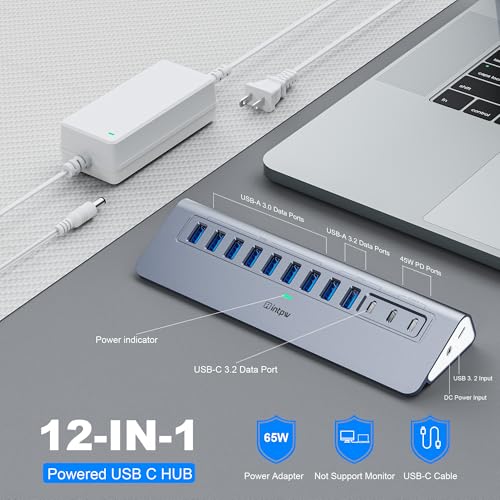 intpw Powered USB Hub 10Gbps, intpw YH9AC 12-Port USB Splitter with USB A/USB C 3.2, 7 USB 3.0, 2 PD 45W Charging Ports, 65W Power Adapter + 3.3FT Cable, Aluminum USB Extender Hub for Laptop/PC/iPhone 16/15 - Image 2