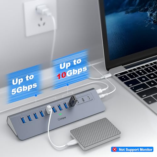 intpw Powered USB Hub 10Gbps, intpw YH9AC 12-Port USB Splitter with USB A/USB C 3.2, 7 USB 3.0, 2 PD 45W Charging Ports, 65W Power Adapter + 3.3FT Cable, Aluminum USB Extender Hub for Laptop/PC/iPhone 16/15 - Image 3