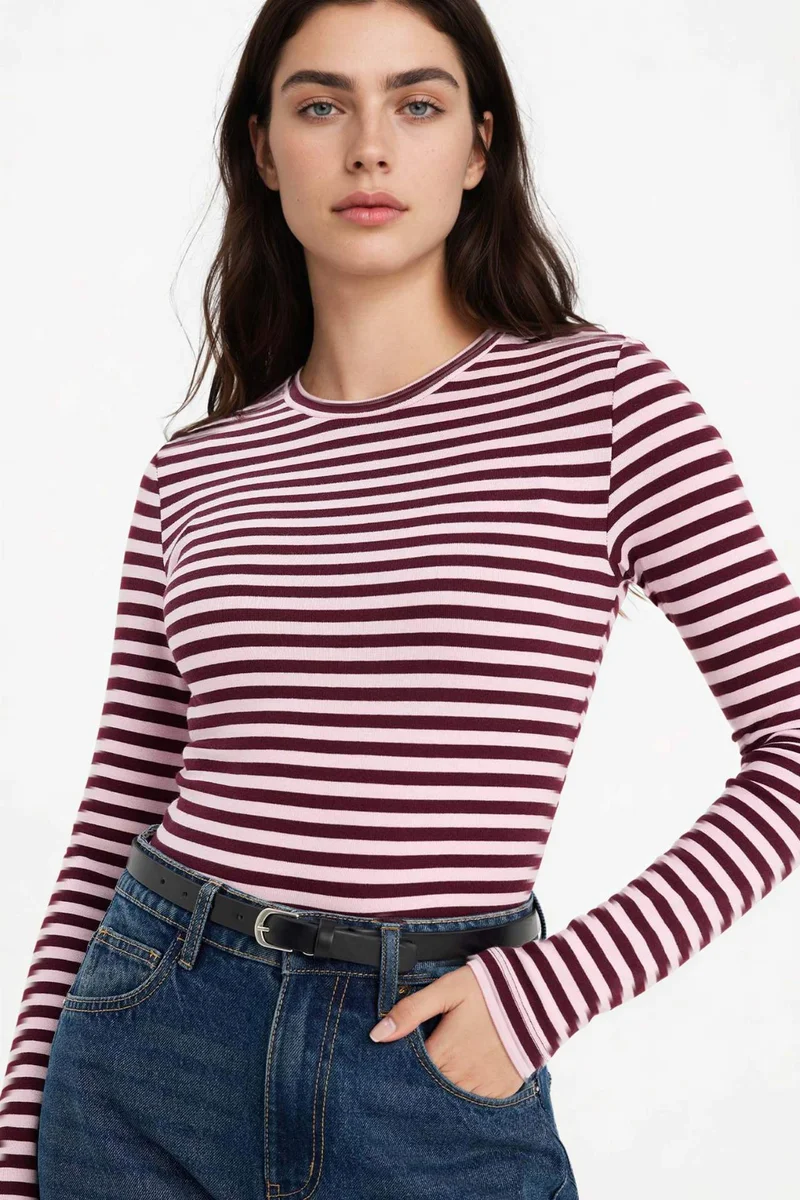 ديفاكتو Loose Fit Boat Neck Ribbed Long Sleeve T-Shirt