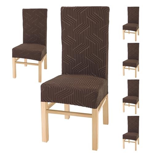 Yellow Weaves Elastic Stretchable Dining Chair Covers, Removable Washable Elastic Self Jacquard Dining Chair Covers (Set of 6, Coffee) - Image 1