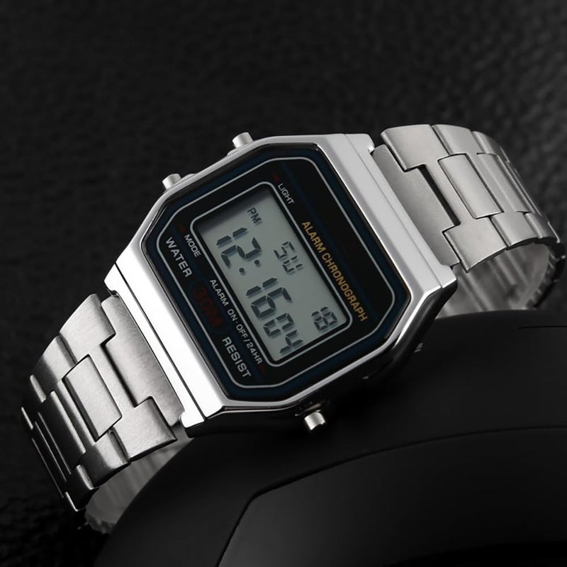 VIGOROSO Men Lady Vintage Retro Gold Stainless Steel Digital Casual Watch Alarm Stopwatch(Silver) - Image 3