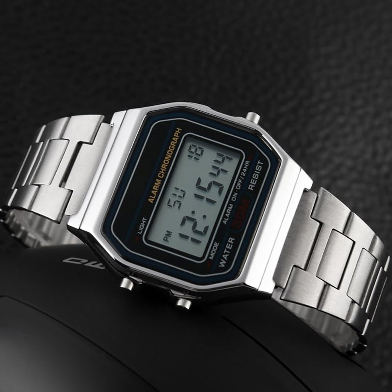 VIGOROSO Men Lady Vintage Retro Gold Stainless Steel Digital Casual Watch Alarm Stopwatch(Silver) - Image 2