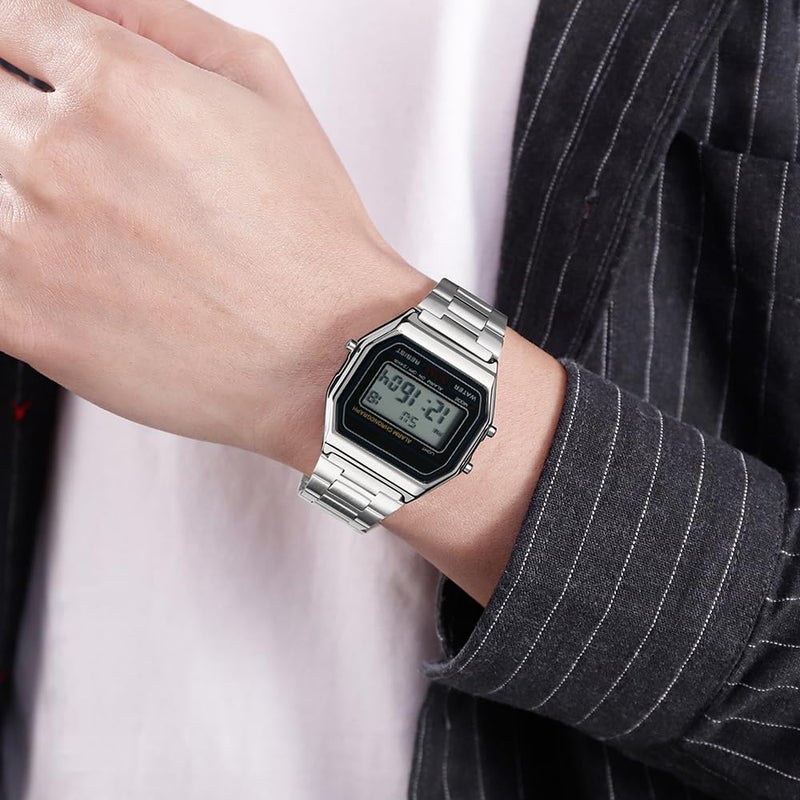 VIGOROSO Men Lady Vintage Retro Gold Stainless Steel Digital Casual Watch Alarm Stopwatch(Silver) - Image 4