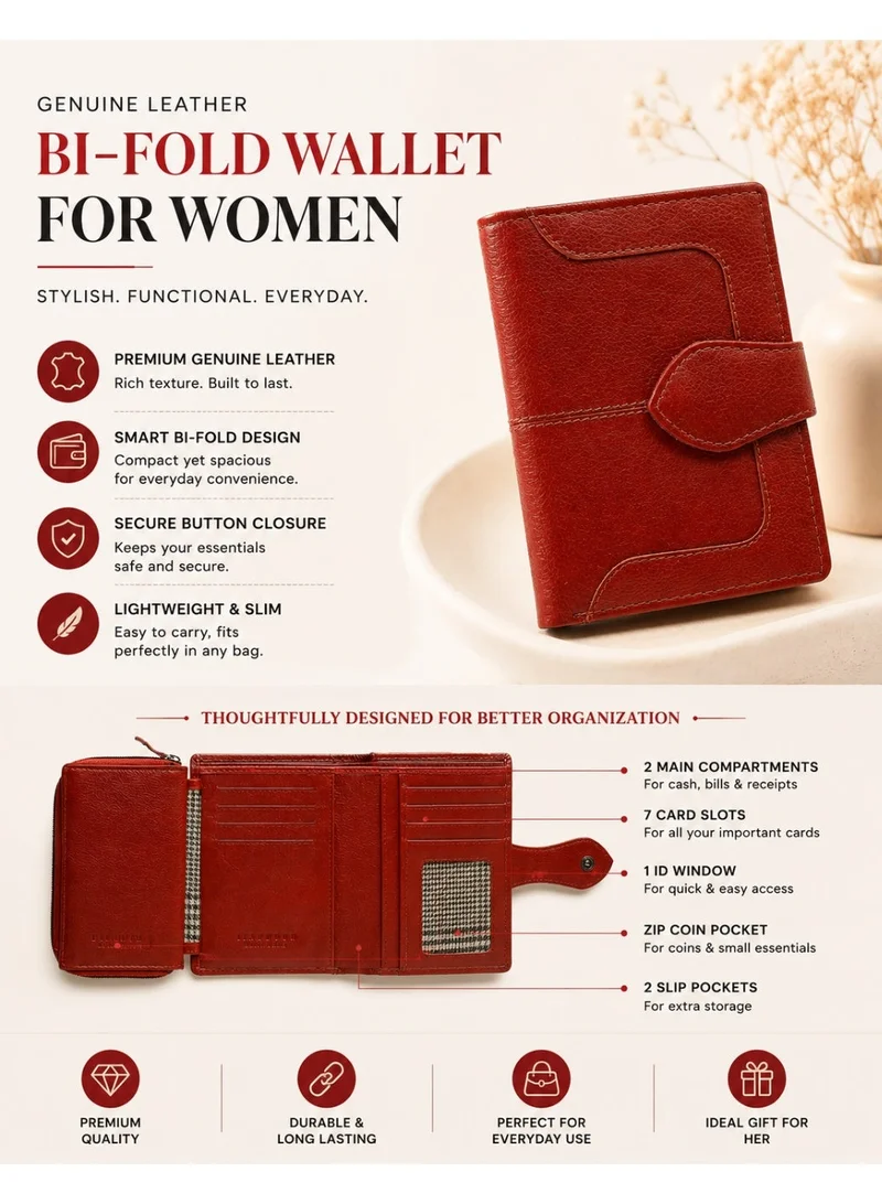 TEAKWOOD red Teakwood Genuine Leather Bi-Fold Wallet for Women | Red Wallet | Button Closure | 2 Main Compartments | 7 Card Slots | 1 ID Window | 2 Slip Pockets | Zip Coin Pocket | Premium Lightweight Durable Wallet for Women | Best Price UAE